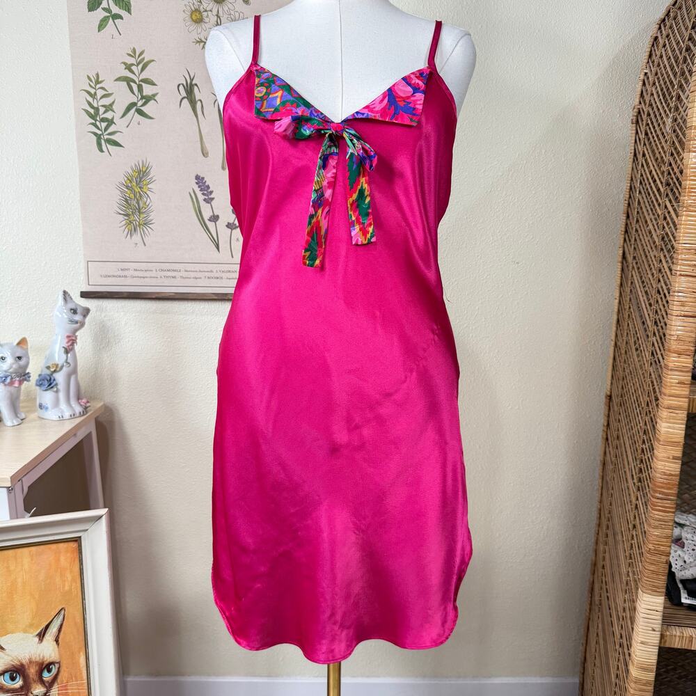 Vintage 80s 90s Pink Satin Bow Collar Slip Dress Romantic Retro Fairy Sexy M